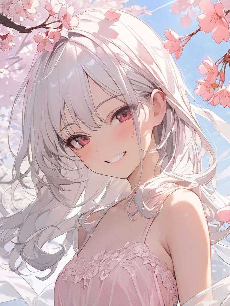 (masterpiece, top quality, very beautiful, 4K、 illustration of a woman with a penis ), (),(cowboy shooting),(cherry blossoms),(Hair and dress fluttering in the wind)、,()(Smile lightly),(cute)、( attractive)、(Ethereal and beautiful),(head tilt),( slim),Intri...