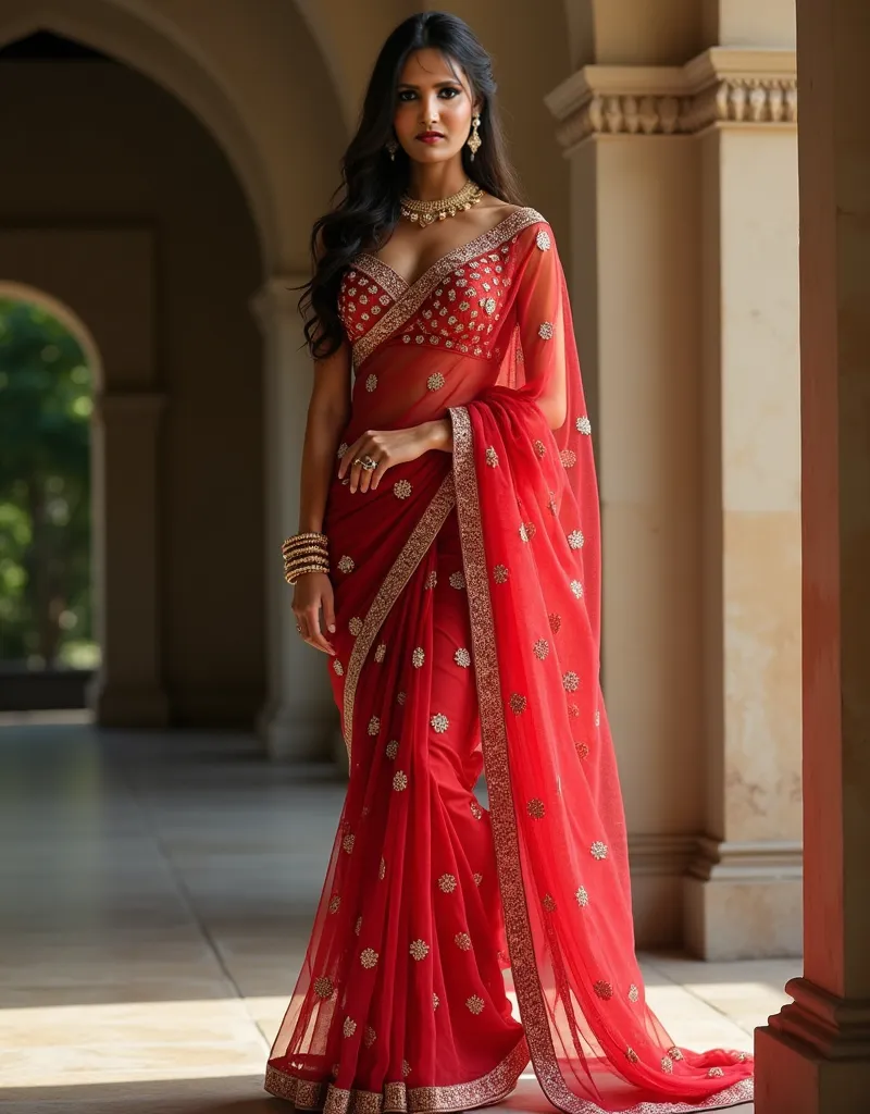 Generate a hyper-realistic full-body image of a beautiful Indian woman with a slim physique, featuring a breast size of 38D.She is wearing a Red Sequins Embroidered Net Saree, that sparkles under the light, enhancing her attractiveness.Ensure the saree dra...