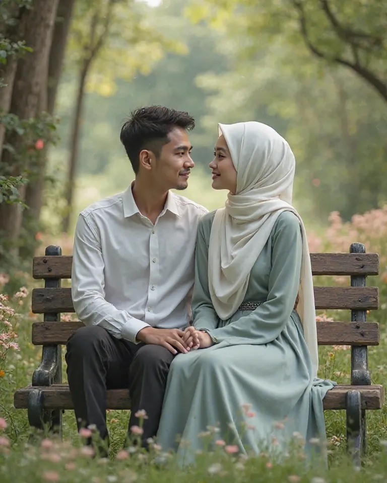 A pair of handsome Indonesian young man 25 years old and a beautiful woman. in white hijab .wearing elegant race dress mint gray jeans..sitting on a park bench.flower