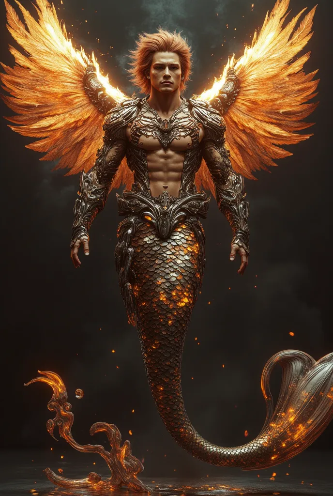 A powerful, muscular warrior embodying the element of fire. His skin is covered in magical fiery patterns, like living tattoos glowing with intense heat. His eyes burn like molten embers, and his long, flowing hair appears to be woven from flames. He stand...