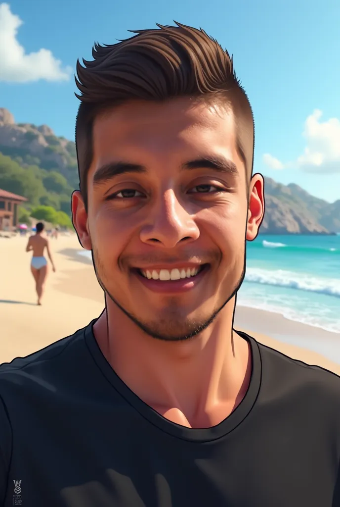 Generate an image of a cartoon there is a man in a black t-shirt, An image inspired by Pablo Carpio, reddit, realism,  profile picture , 2 ,  clean shaved wide face ,  selfie photograph of 8k ,  Twitch streamer  / player ludwig, 2 , Shaved face, 2 , 2 , fu...