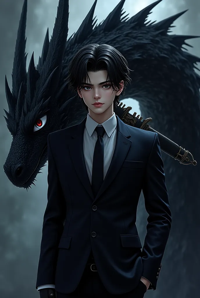 an anime guy wearing a suit, black hair,  black-eyed, black gloves with a sword of nothingness on his back along with a black dragon and white eyes