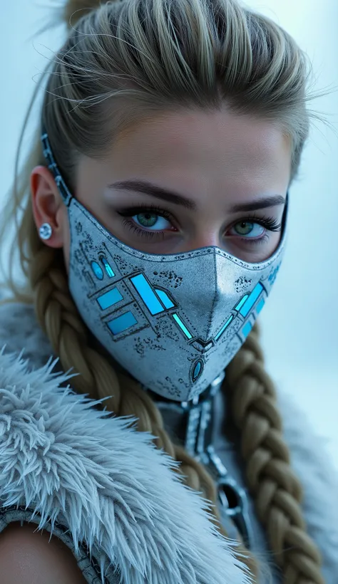 Here is a detailed prompt to generate an image ** super realistic** da Amber Heard como **Frost**, in a style **viking**, focused **only on the face**, with a very detailed and shiny white metallic mask, and an impactful background:
---
**"Close-up ...