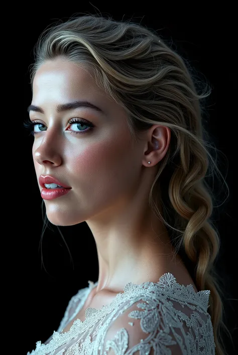 A fascinating double exposure masterpiece created by the outstanding artist Jeans it on a black background., captures a charming AMBER HEARD with an elegant profile, wrapped in a mystical silver glow. Her enchanting gaze attracts the spectator., and her lo...