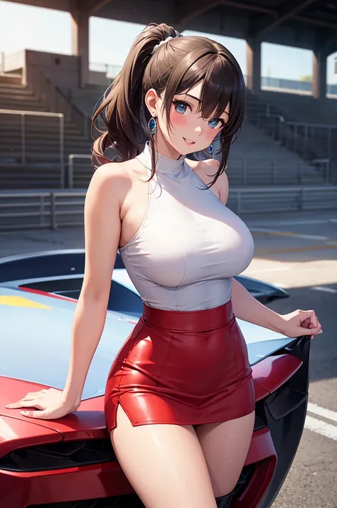 A woman in a short dress is standing on a track next to a Lamborghini, anime girl, 1 girl, (20 years old girl), (aged up), race track, super sports car, blue sky, dark brown wavy hair, long bangs, aquamarine eyes, shining eyes, (realistic eyes: 1.2), (beau...