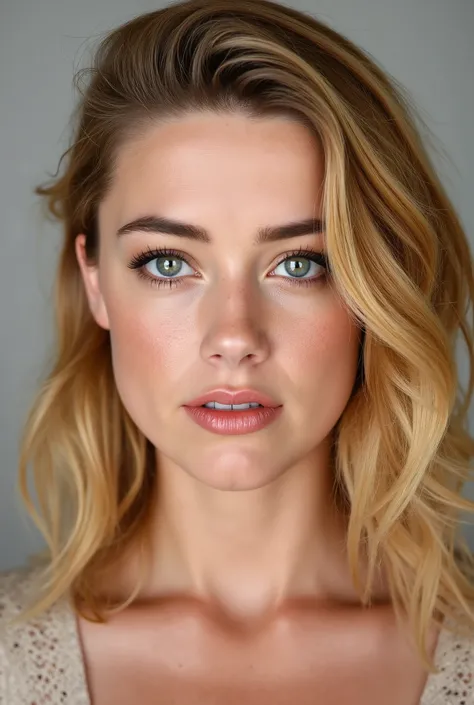((the best quality)), ((masterpiece)), ( Detailed), rostro perfecto, Very attractive and beautiful 19 year old AMBER HEARD girl, blonde, family, with medium long hair and light blue eyes looking directly at the camera., hot, sexy, pasport photo, most beau...
