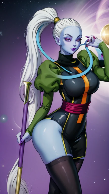 DragonBallSuper_Vados_ownwaifu, 
1girl, blue skin, white hair, hair pulled back, high ponytail, purple eyes, colored skin, alien, long hair, very long hair, lipstick, makeup, purple lips, breasts, large breasts, eyelashes,  jewelry, purple nails,
puffy sle...