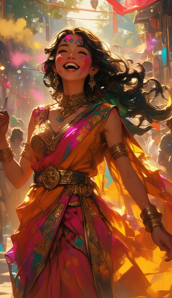 generate a highly detailed and realistic image of a joyful woman wearing a vibrant, intricately designed orange and pink saree with golden embroidery, her long dark hair flowing freely as she twirls and laughs, surrounded by a flurry of colorful powders an...