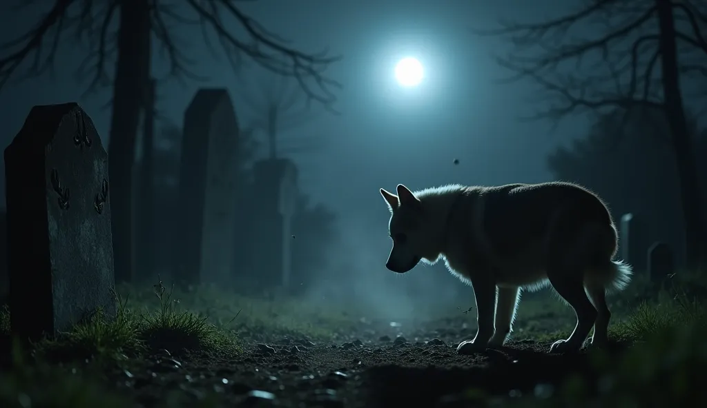 A dramatic scene under the moonlight, where a flashlight shines on a dog, standing in front of a grave. The dog continuously paws the ground with its front paws, while dust flies into the air, adding to the eerie atmosphere. The moonlight casts an eerie li...