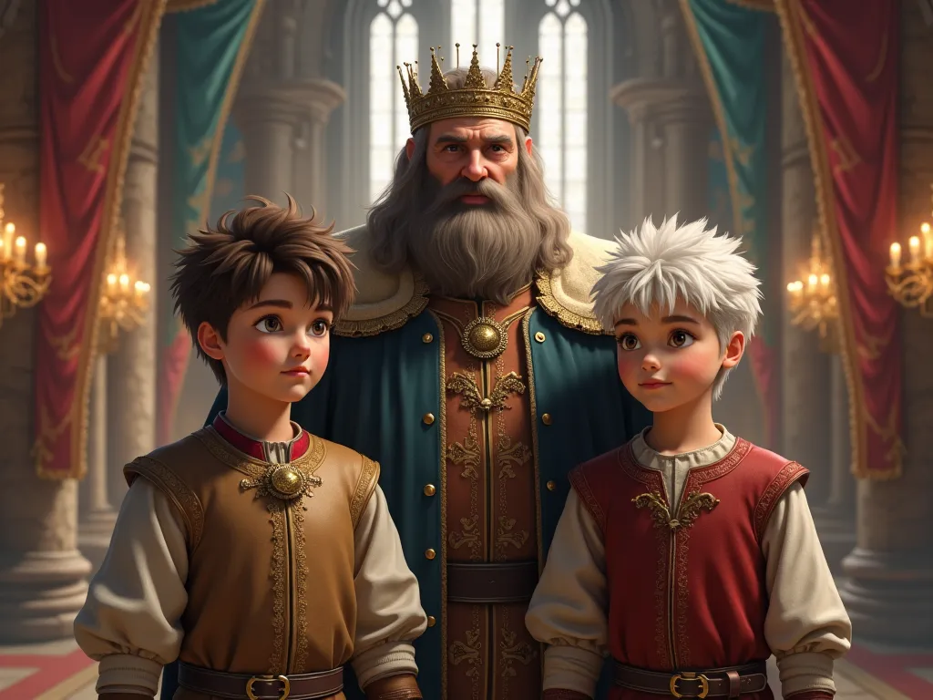 Realistic one brown-haired boy and the other white-haired boy with a brown-haired king and beard in the realist medieval style kingdom hall  