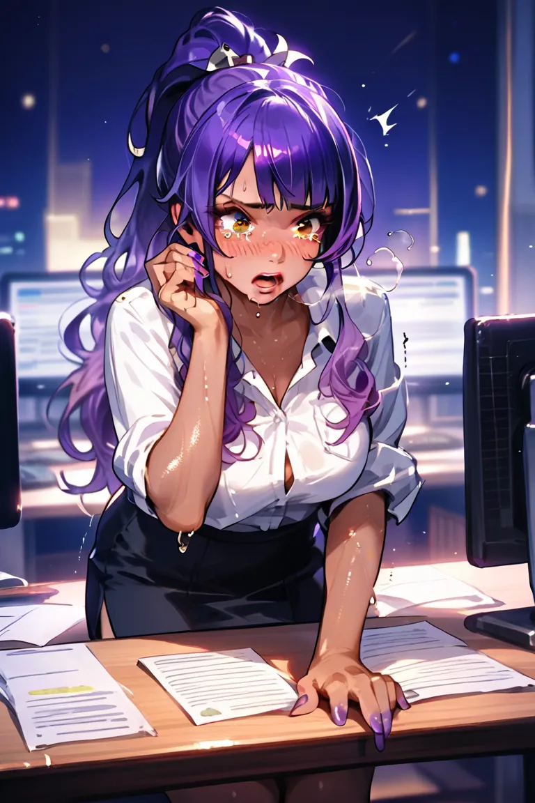 1 woman, front view, sitting at desk, ((full body shot)), implied masturbation, hand in skirt, close up, BREAK girl, 22 years old, saeko busujima, purple hair, bangs, side bangs, (ponytail folded), red eyes, tsurime, (purple hair: 1.4), [(purple to dark pu...