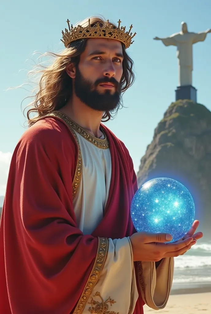 Full body Jesus Christ 35 years, strong appearance,  look serene ,  light brown eyes , long brown hair in the wind, red and white tunic,  crown of thorns gold, holding a ball made of blue energy particles, he is on the beach in the sunny city of Rio de Jan...