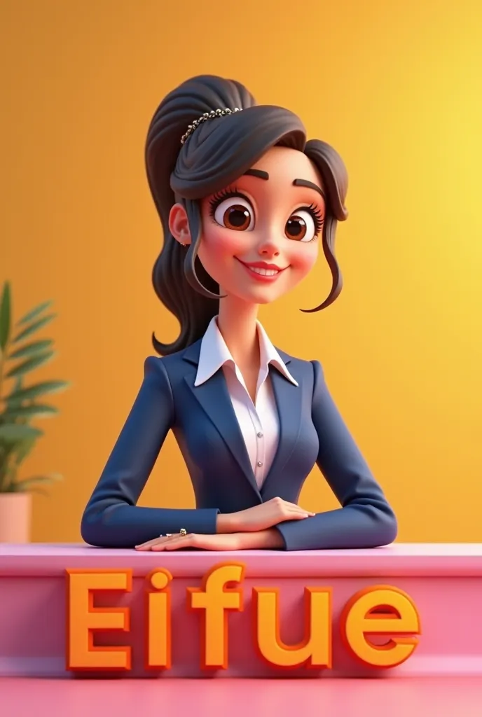 poster of a 3D cartoon in the Disney Pixar style, an adult woman and executive with her arms resting on the brand name below