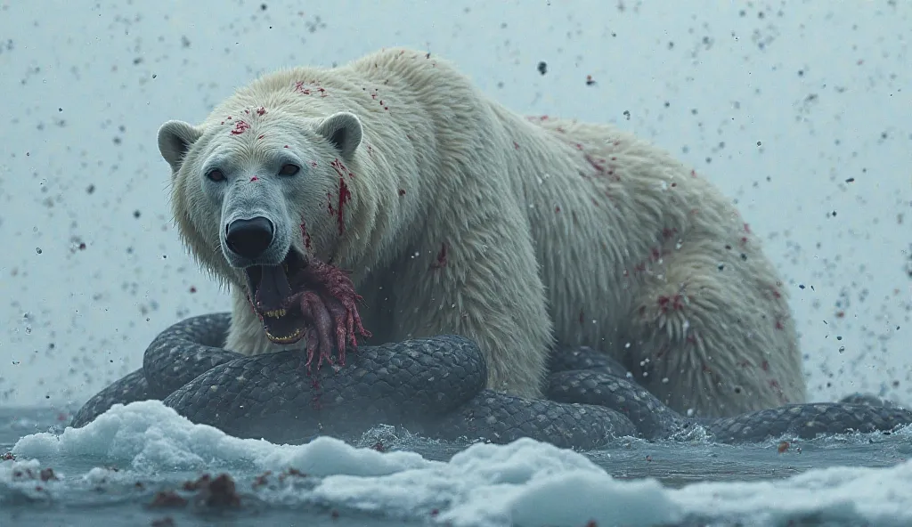  "Bilkul sis! Yeh raha ek emotional aur powerful prompt jo visual impact bhi dale aur story bhi sunaye:

"A majestic polar bear, its white fur stained with streaks of blood, struggles fiercely against massive, dark serpents coiling tightly around its body....