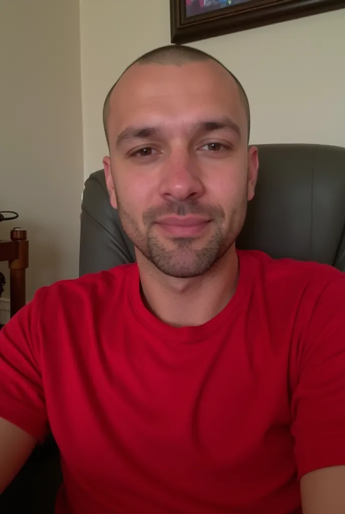 there is a man sitting in a room wearing a red shirt, An image inspired by Pablo Carpio, reddit, realism,  profile picture , 2 ,  clean shaved wide face ,  selfie photograph of 8k ,  Twitch streamer  / player ludwig, 2 , Shaved face, 2 , 2 , Half-length ph...