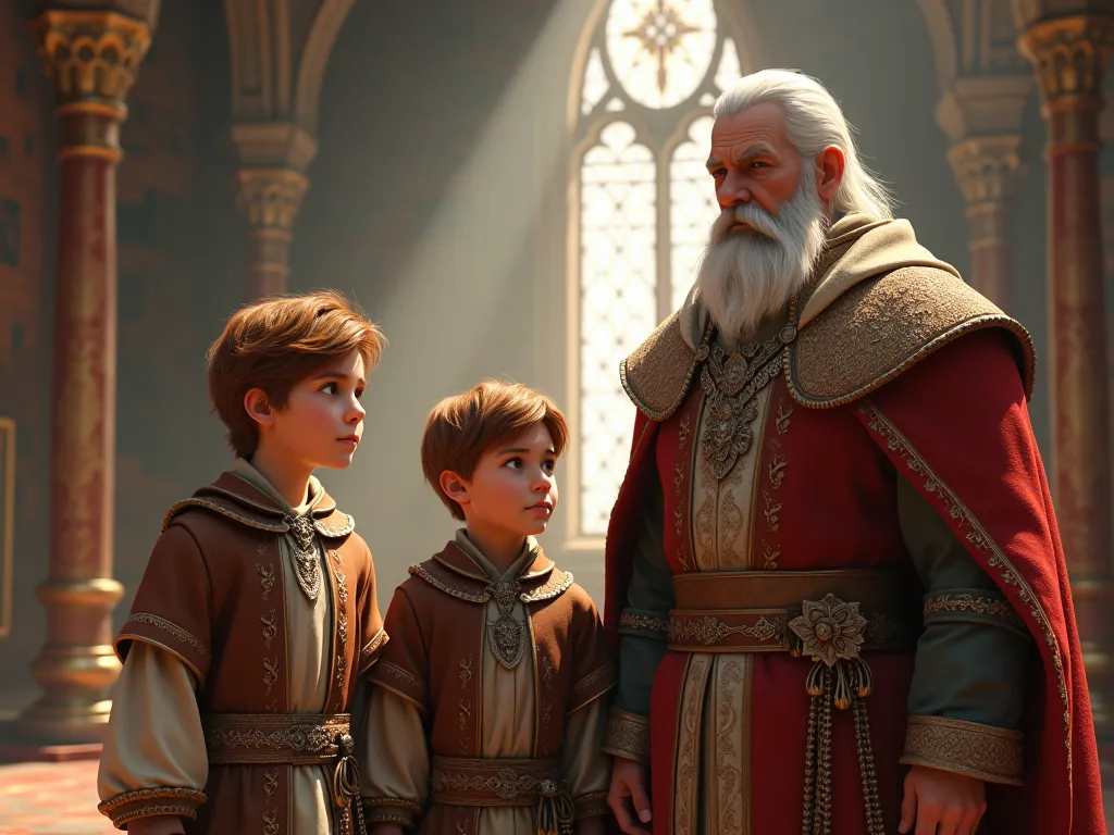 Realistic one brown-haired boy and the other white-haired, with a young brown-haired king and beard, in the realist medieval style kingdom hall  