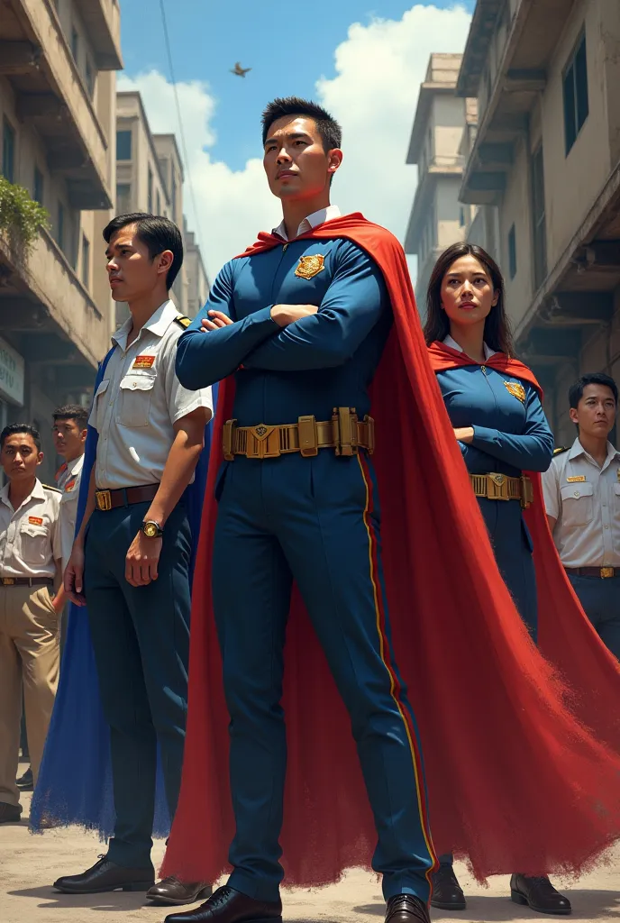 Philippine national heroes: teachers, guards, community volunteers in poverty-stricken setting, wearing uniforms and capes, heroic pose, highly detailed, realistic style