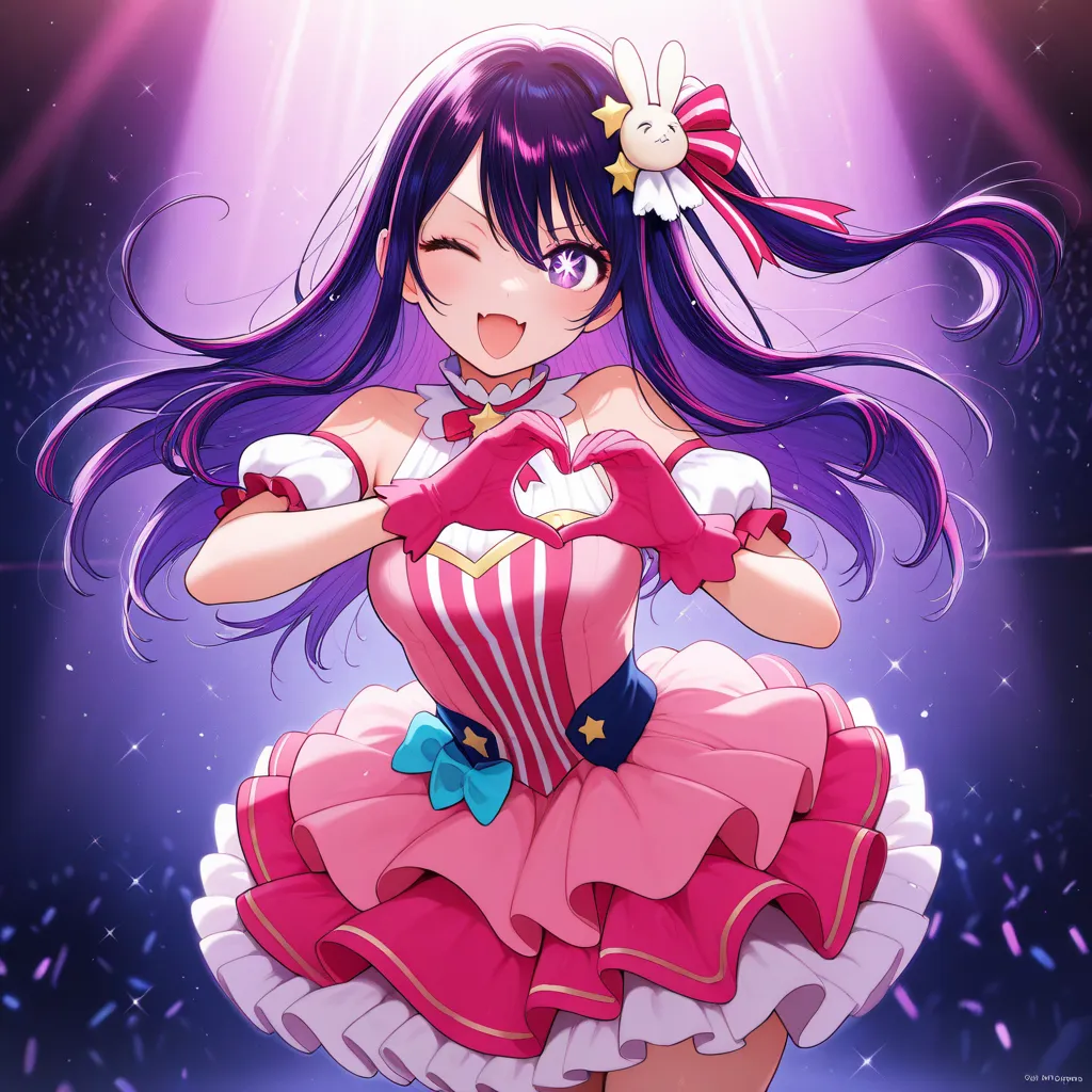 masterpiece,best quality,amazing quality, hoshino ai, girl, dress, gloves, hair ornament, idol, idol clothes, long hair, looking at viewer, one eye closed, open mouth, pink dress, pink gloves, purple eyes, purple hair, solo, star-shaped pupils, star, star ...