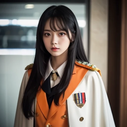  white girl with long black hair is wearing a military uniform,  Orange Cape , Big hazel eyes,  Science Fiction , Dark mood, 