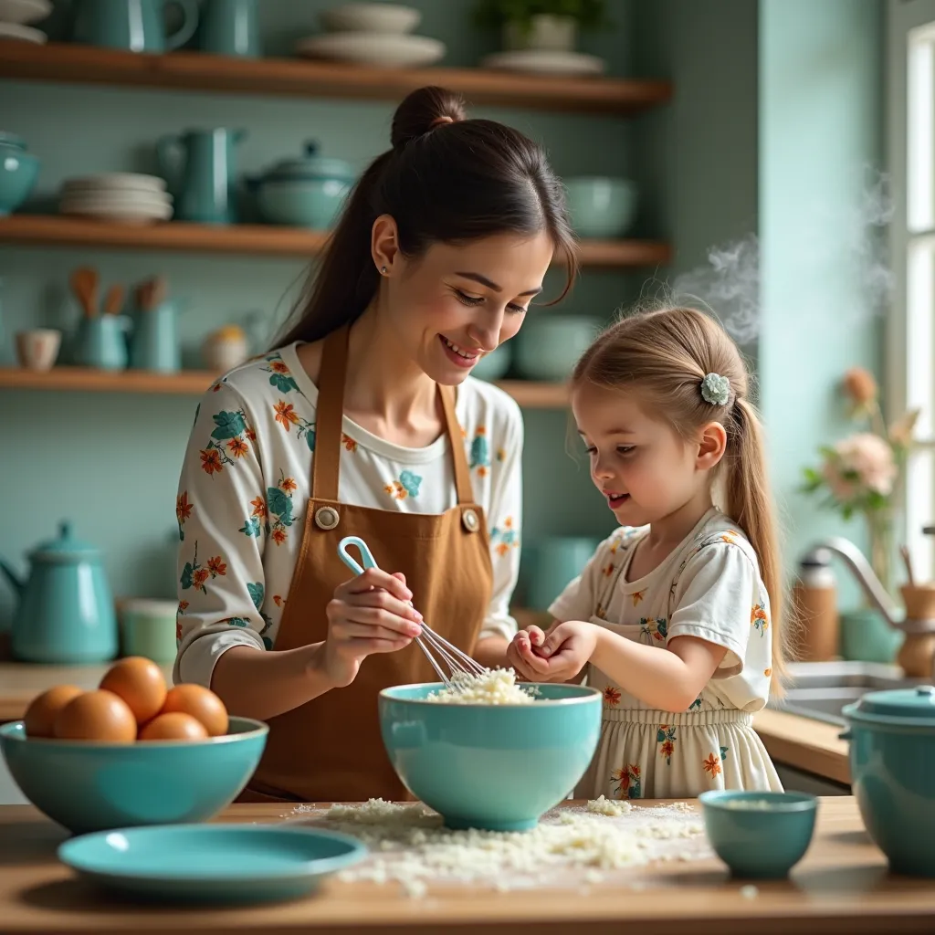 create a picture in hyperrealism style, mom and daughter bake cake in the kitchen, there are a lot of blue and green dishes around