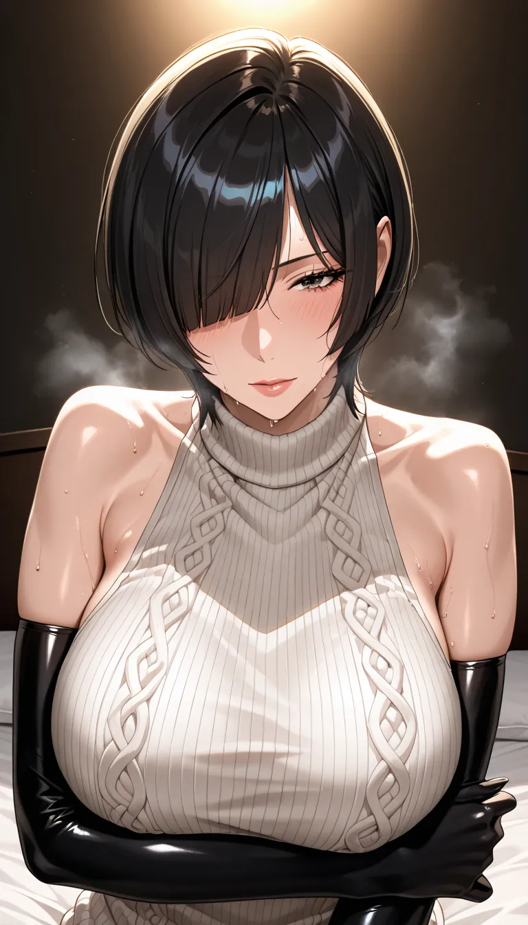 beautiful, (걸작:1.2), (top quality:1.2),  Perfect Eyes , perfect face, perfect lighting, 1 female, dark hair, Bob cut, head with one eye covered, grey sleeveless sweater, look at the viewer , (Ahegao:0.5, Wide angle:0.8),raise your arms, (steam,sweat),  sex...