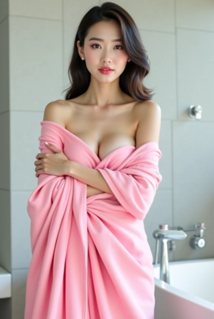 Korean big bread woman wrapped in a pink towel standing in the bathroom with confident pose and elegant 