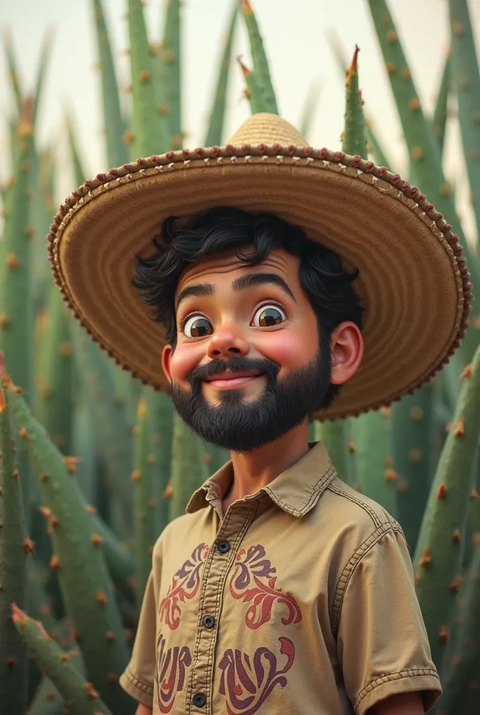 A chubby boy with a beard wearing a half-band shirt and a Mexican hat, With a background in the tequila agaves 