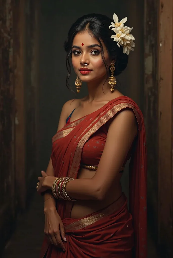 A stunning Bengali woman with a curvy yet toned physique, draped in a deep red-white bordered saree, worn in a traditional Bengali drape without a blouse. The saree is loosely wrapped, revealing glimpses of her soft, sculpted waist and midriff. Her long, d...