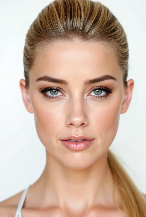 Amber Heard, 23 years old, elegante blonde ponytail , blue eyes, mask, eye shadow , perfect makeup, white background, medium plane, blonde ponytail , in front of the spectator, pale skin, e-sport, gwen spider, full body