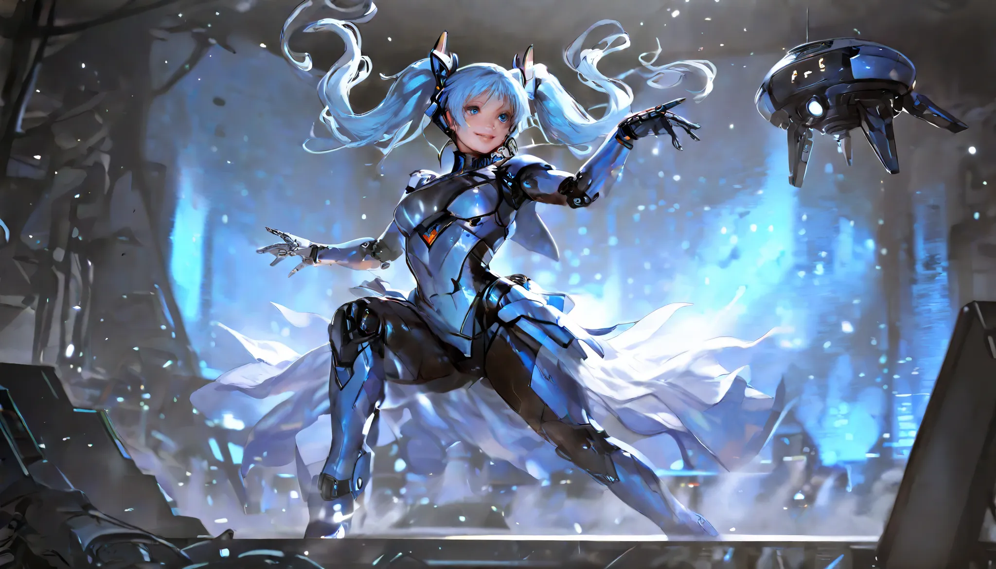 masterpiece, best quality, extremely detailed, hyperrealistic, photorealistic, a beautiful chinese 20s woman, ultra detailed face, twisted twintails, light blue hair, light blue mechanical suits:1.1, light blue mechanical arms:1.1, dancing, strenuous movem...