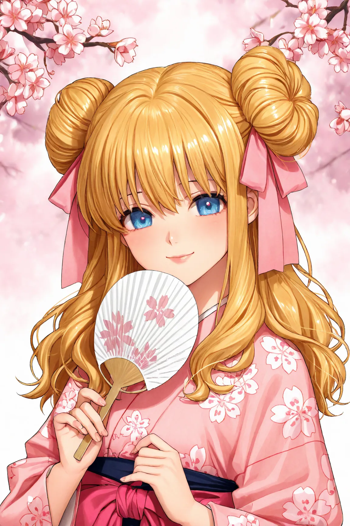 A soft and charming anime girl with warm, honey-blonde hair tied in a loose bun, wearing a traditional Japanese kimono with cherry blossom patterns. Her eyes are gentle, with a faint smile on her lips. She has a delicate pink ribbon in her hair and is hold...