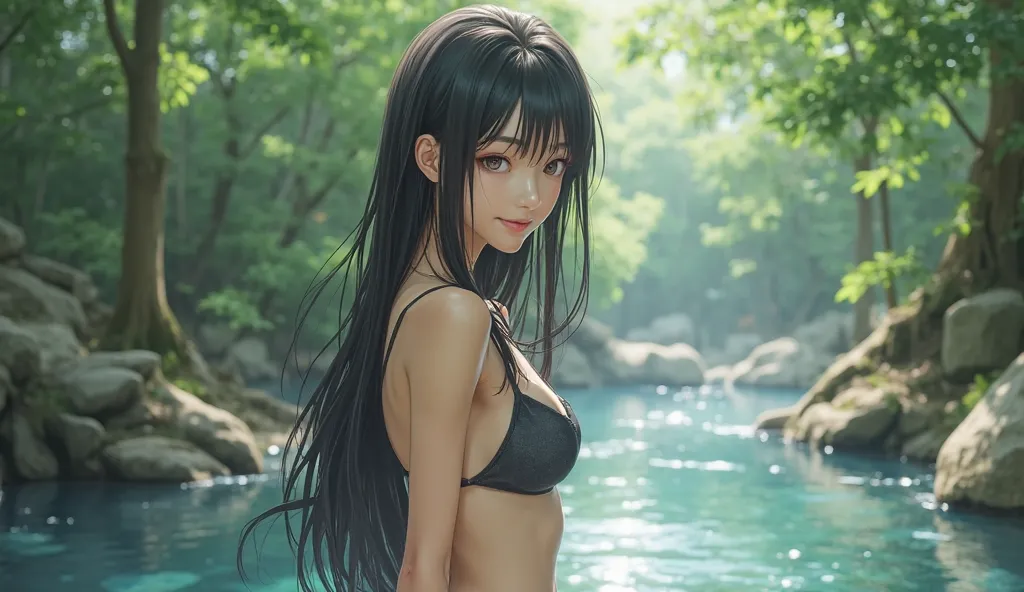 A real Oriental Japanese girl with 18 years old with beyond floor length black hair and see her "whole" body wearing bikini standing nearby hot springs inside the forest, must see her whole body. The scenario of forest shows summer view. This graph MUST se...