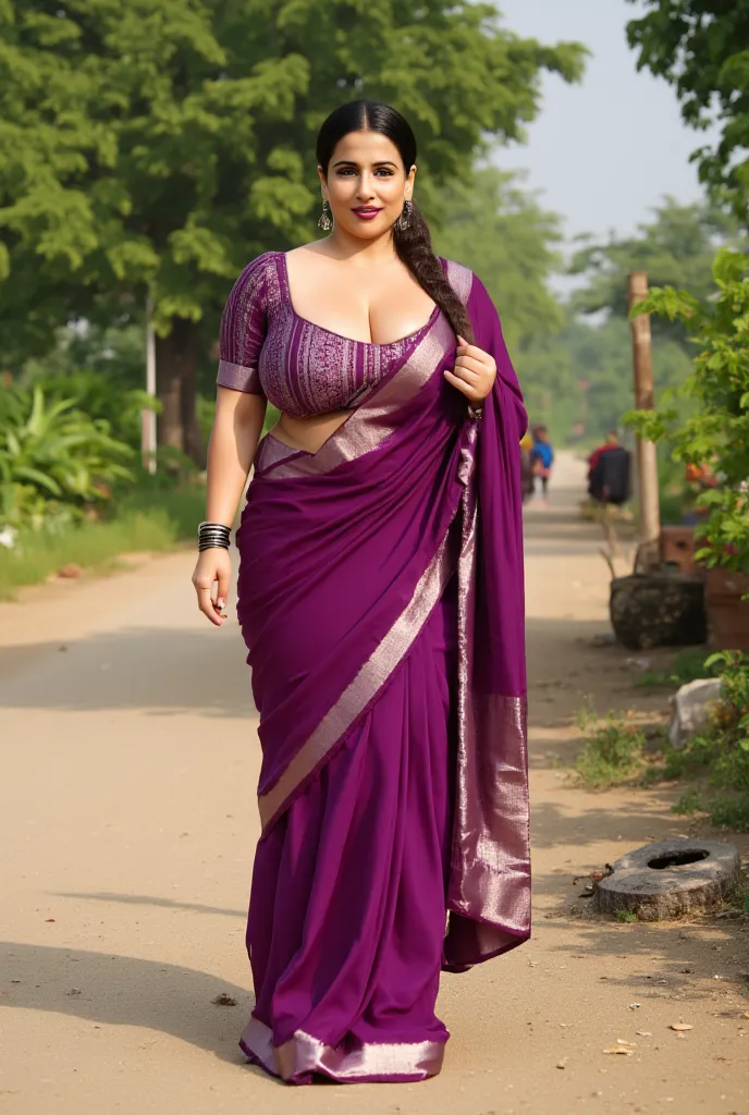 Realistic indian plus size bollywood actress Vidya Balan wearing a saree in a village scenery. Exposing her massive gigantic thighs and thick fat calves. Her blouse is very low exposing her massive breast and huge clevage. Her long ruffled hair tied in a b...