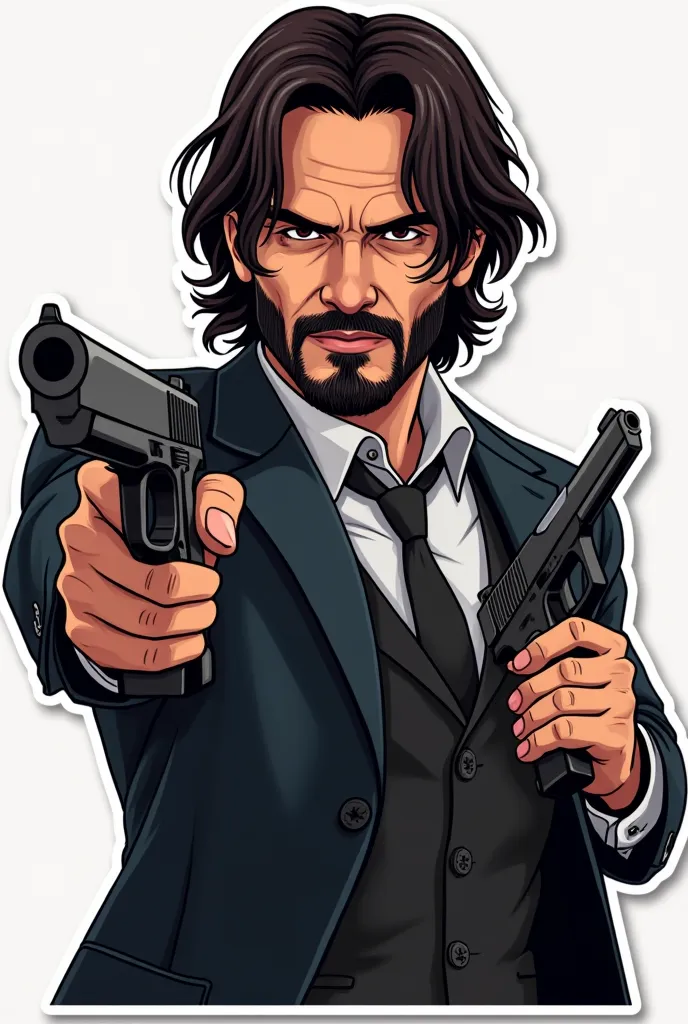 want to create sticker for my discord server. will all be emote shaped. with short dark brown hair,coffee colored eyes ,slim and handsome man with moustache and beard to shoot with gun standing, Standing with a pistol in front of John Wickle holding guns t...