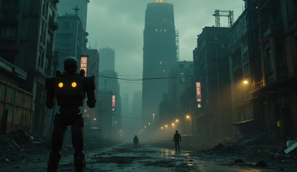 A dark, dystopian cityscape where towering, decaying metal structures loom ominously against a toxic, hazy sky. Flickering neon lights cast eerie glows on the streets below, where soulless robots with hollow eyes wander aimlessly, their mechanical shadows ...