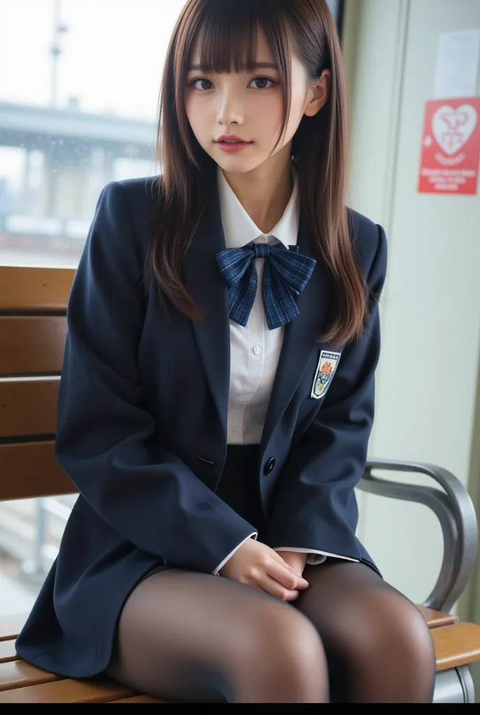 ((top quality)), ((masterpiece)), ( are familiar),  high school girl sitting on a train station bench on her way to school、Ignore the audience、 navy blazer、uper realistic pantyhose:1.3)、Peeking、( Taken from directly below )、pay attention to legs in pantyho...