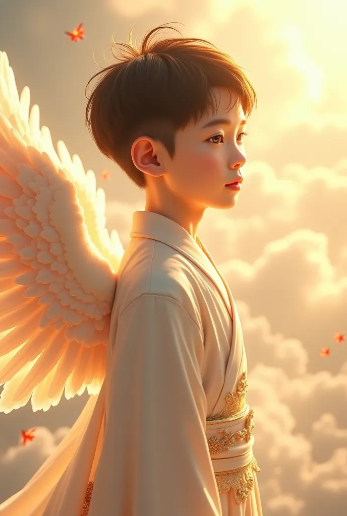 Create me an image of a boy with Chinese hair Angel Wings And angel clothes