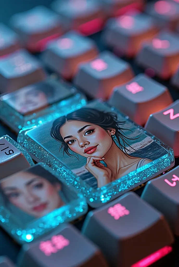 Close-up of a modern computer keyboard with sharp, detailed details. Instead of the usual key labels, each key on the keyboard has a detailed, realistic portrait of the entire face of a beautiful Vietnamese woman with all 108 shades of sadness, joy, happin...