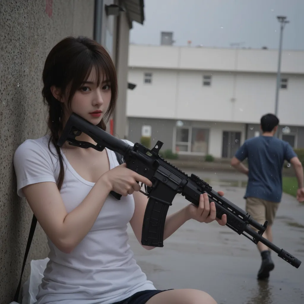 (Best Quality,【8k,Realistic:1.37),Realistic Skin Type, beautiful Japanese female navy, Holding Assault Rifle Aiming, Port, White T-shirt wet,  big boobs, nipple watching dress
 Old warehouse area near Hat, Braiding hair,  , [Boots, Dynamic Pose, Running al...