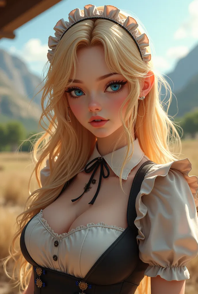 ((masterpiece)), ((best quality)), ((highres)), ((detailed background)), ((extremely detailed CG unity 8k wallpaper)), solo, shiona, blonde hair, long hair, blue eyes, hair tuft, cowboy shot, outdoors, ((maid outfit))
