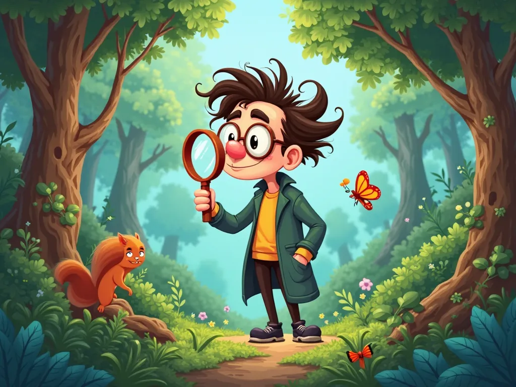 cartoon professor standing in a forest holding a magnifying glass