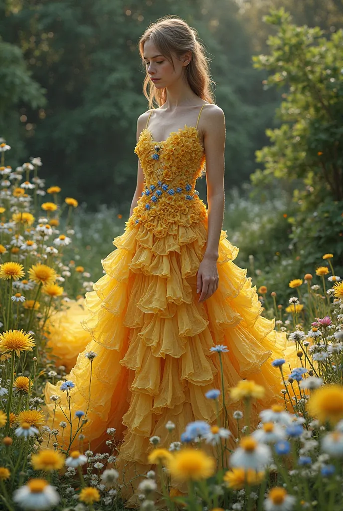 Create a dandelion flower dress, Strawberries, forget-me-nots, maca, chamomile and green fern or eucalyptus bells