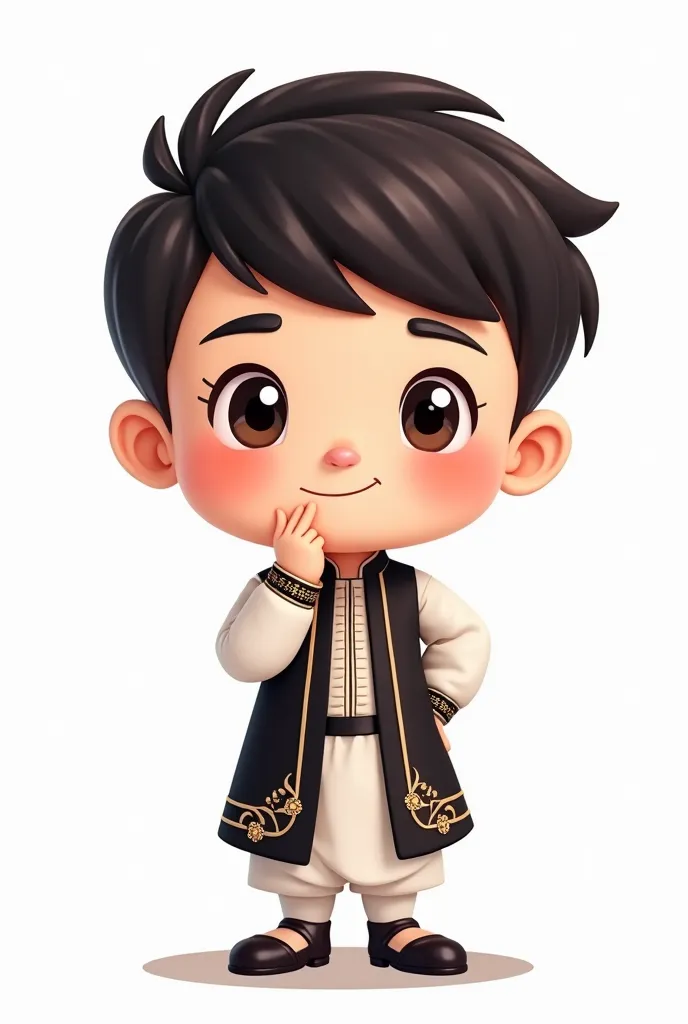 Generate a charming Uzbek boy mascot in a modern, cute, and minimal cartoon style. He should be wearing a traditional black and white doppi with Uzbek embroidery. His facial features should be round, adorable, and friendly. Create three variations with dif...