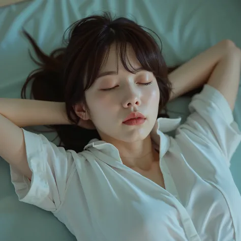 A pretty Japanese nurse is laying unconscious on the bed, bound wrists behind your back, eyes close, very bright white skin, brown spread hair, natural bang, cum on face, cum on her fore head, cum on skirt, cum on her thighs, wearing a white nurse uniform,...