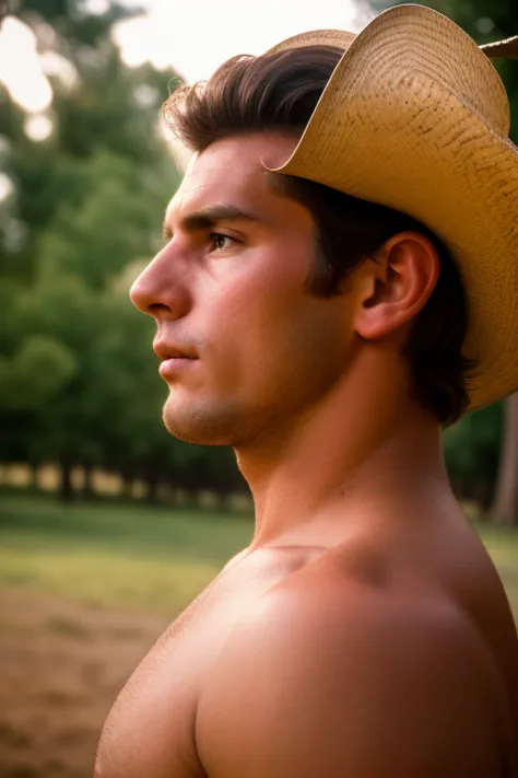 Handsome male nudist, manly, dark crew cut, in his 30's, cowboy ranch, summer, private archive photo, spontaneous, wind, retro 80's vibe, hyperdetailed photography, front low angle shot, depth of field, close up, ultrarealistic, soft lighting, 8k, photogra...