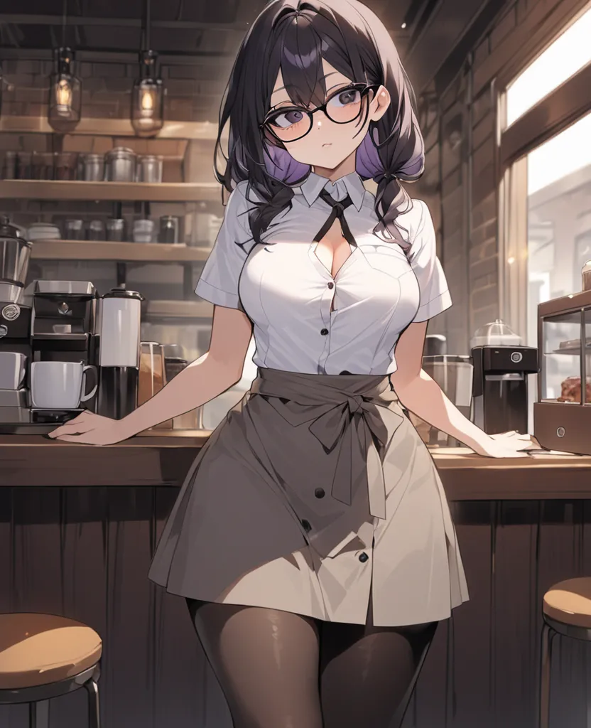  A 17-year-old girl , with short black hair and tufts of purple tones, black-framed lenses and dark eyes. She is tall and has a slender figure, with a thin waist and large breasts. She wears a waitress uniform consisting of a white short-sleeved blouse wit...