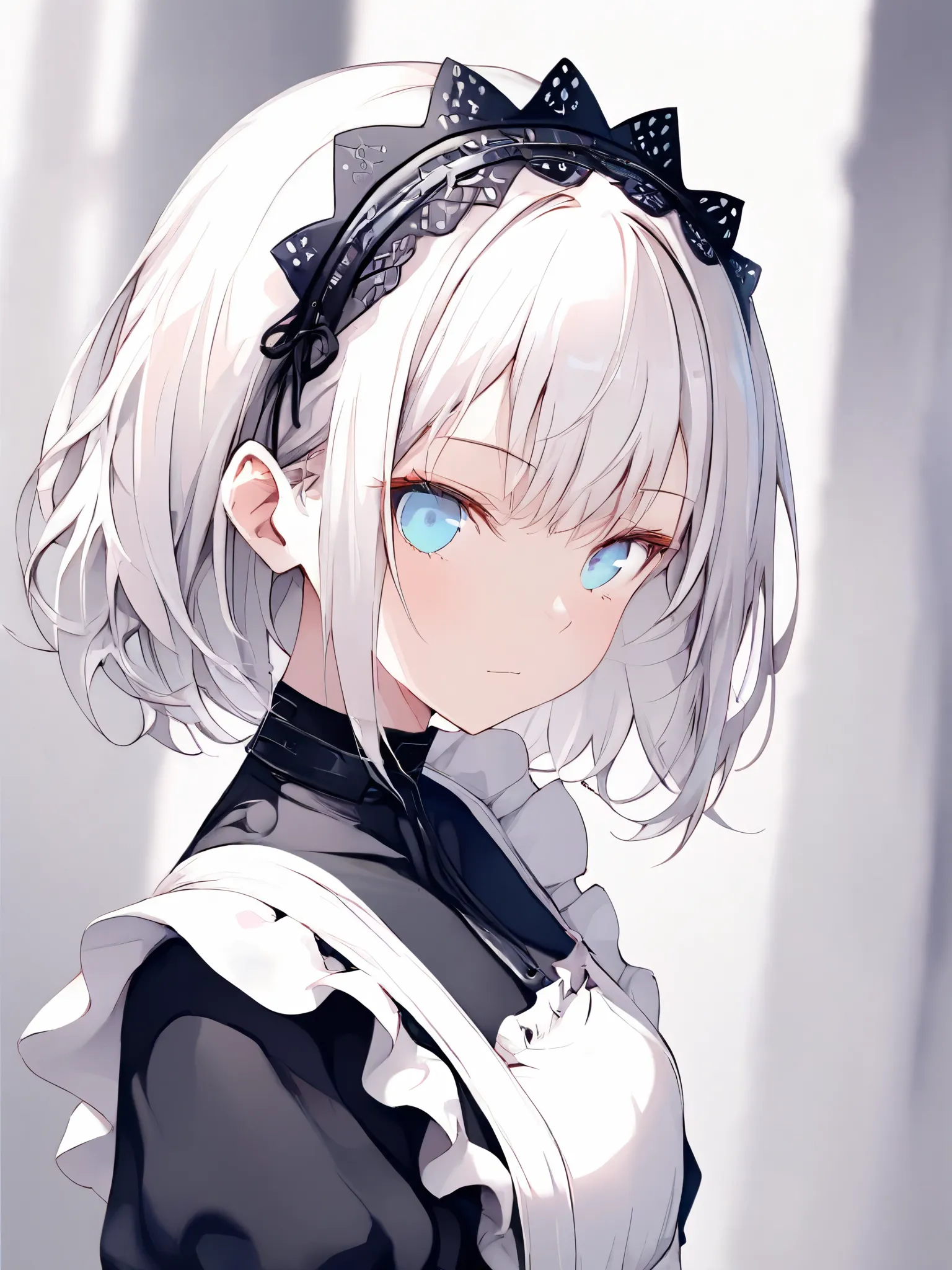 (French-maid:1.3), young cute girl, A dark and quiet palace in the middle of the night,  Silver Hair, （inner color:1.4), head band, (Ultra High Definition:1.1) , (High Resolution:1.1), (close-up:0.7), Background blur,（NSFW:0.6),