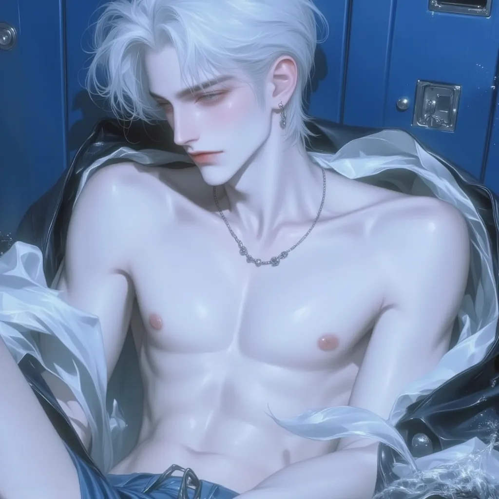  . A 32-year-old man with a blue and gentle tone，. The sides of the face turned slightly  ，Short white hair，Light blue eyes， The background is a locker room ，   feathers. Long eyes add a little surprise,   。 His short hair is white ，, handsome facial featu...