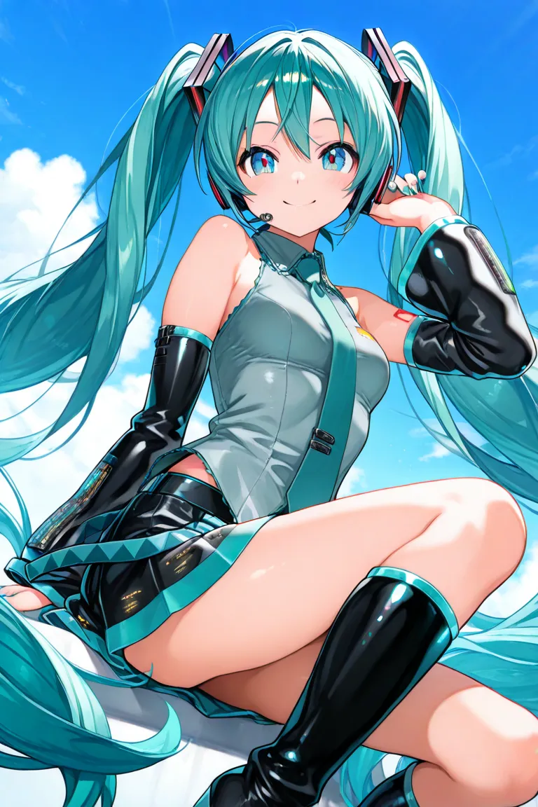 1 girl, vocaloid ,Hatsune Miku,Blue Eyes,blue-green long twin tails,miniskirt,sleeveless,tie,headphones,black arm covers,black long boots,turquoise nails,pretty girl,cute,smile,blue sky