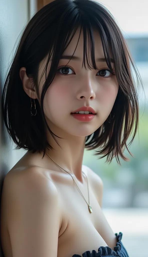 '1girl , Alone,black hair, short hair, black eyes, 's entire head is fully reflected , The entire face and head are clearly visible, (((( masterpiece,   top quality ,    nothing )))),    very detailed 8K ,   Slim body, sexy and beautiful Japanese age girl,...